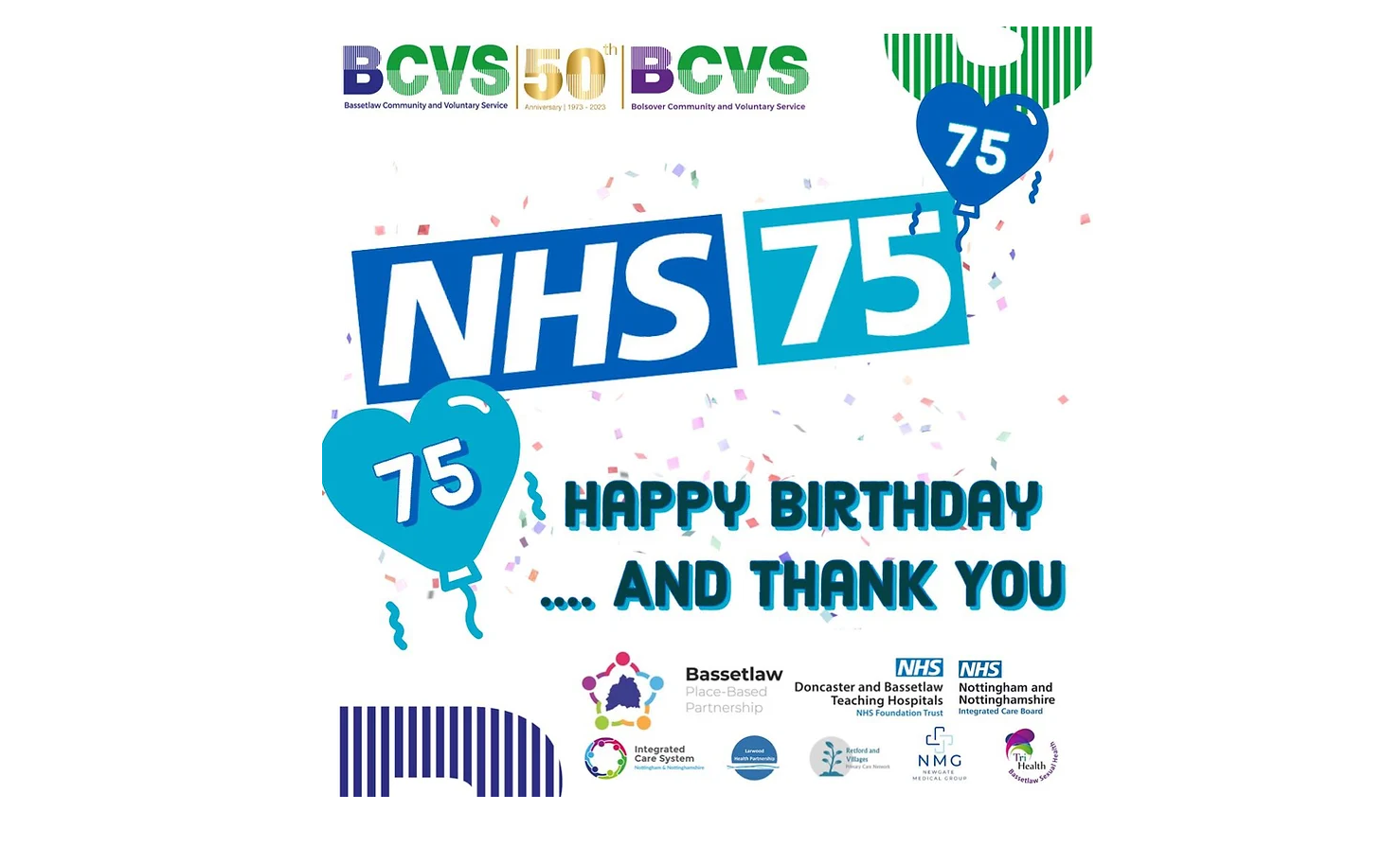 Celebrating NHS 75th Birthday. Large banner that reads NHS 75, Happy Birthday and Thank you.