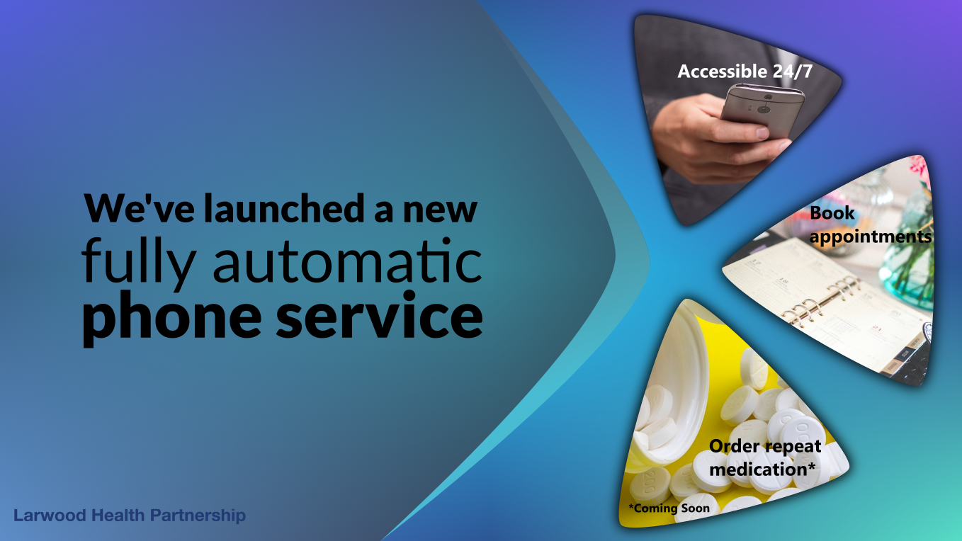 Graphic of the launch of a fully automatic phone service.  Graphics on the left show features that read: 'accessible 24/7' 'book appointments' 'order repeat medication'